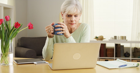 Senior woman laptop computer desk smiling