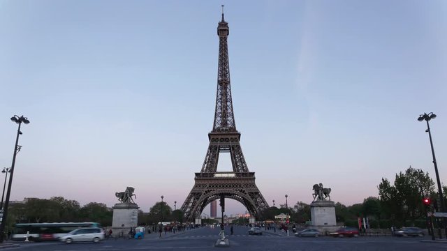 Time lapse footage of illuminated Eiffel Tower Paris, France.