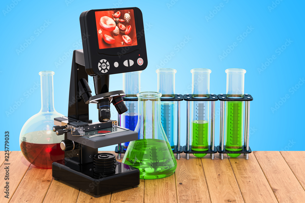 Poster digital modern microscope with chemical flasks on the wooden table. 3d rendering