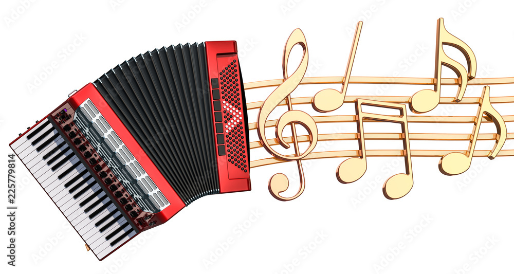 Poster musical concept. accordion with music notes, 3d rendering