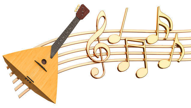 Musical concept. Balalaika with music notes, 3d rendering