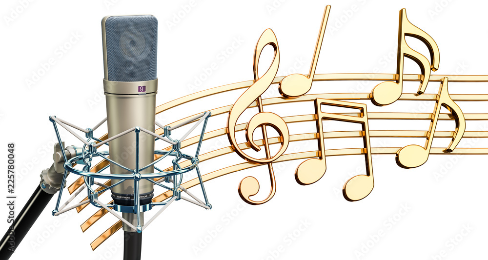 Poster musical concept. studio microphone with music notes, 3d rendering