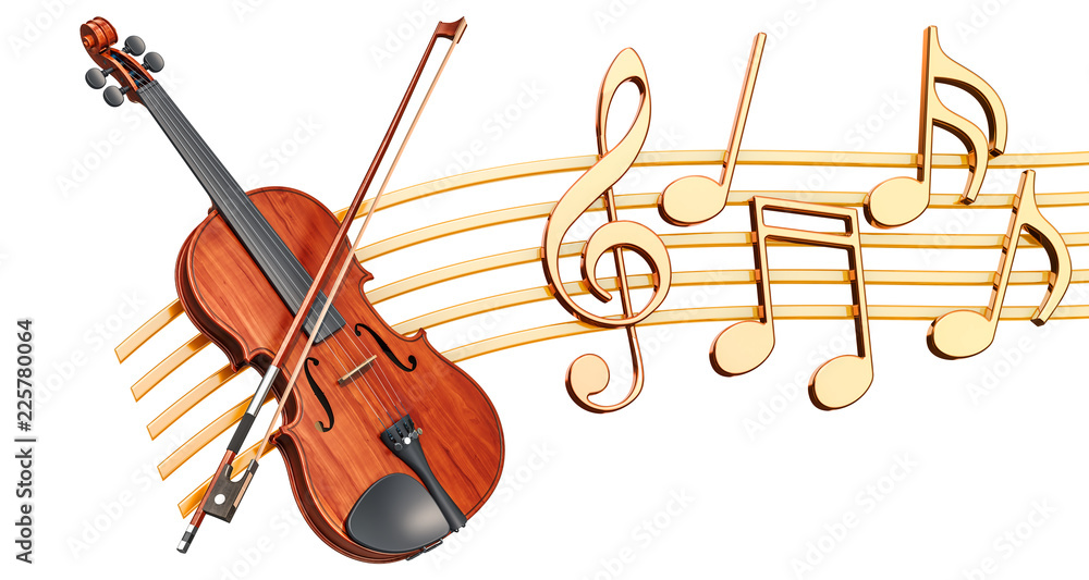 Poster musical concept. violin receiver with music notes, 3d rendering
