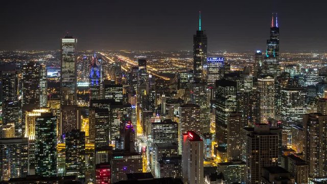Downtown Chicago Skyscrapers at Night Aerial Timelapse