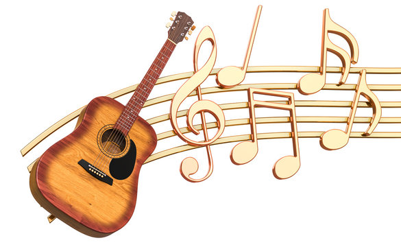 Musical concept. Wooden guitar with music notes, 3d rendering
