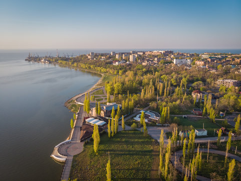 A birds eye view of the central part of the city of Taganrog, Russia on a sunny spring morning
