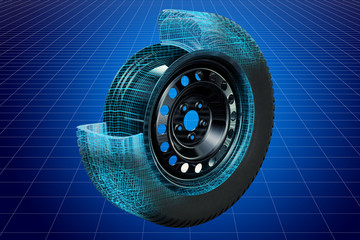 Visualization 3d cad model of car wheel, blueprint. 3D rendering - obrazy, fototapety, plakaty