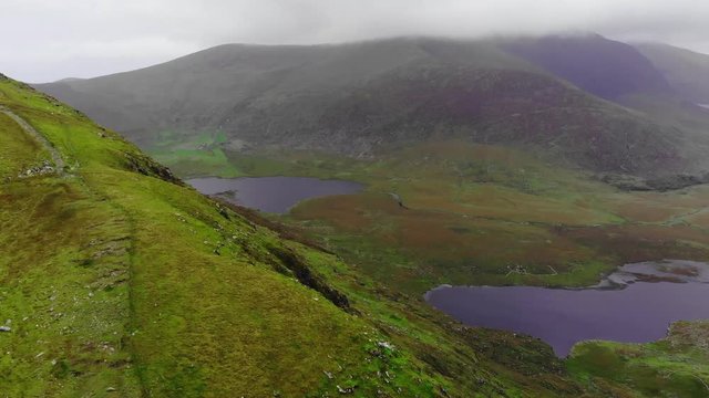 Aerial view from Connor Pass over a valley at Dingle Peninsula