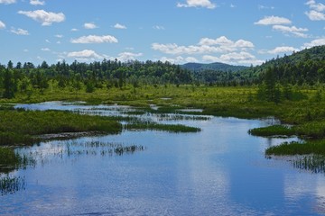 Adirondack Park, New York, USA: View of mountains in the distance from the shore of Raquette Lake, with dramatic clouds overhead on a bright summer day.