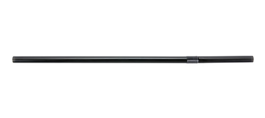 Horizontal black plastic drinking straw isolated on white background.