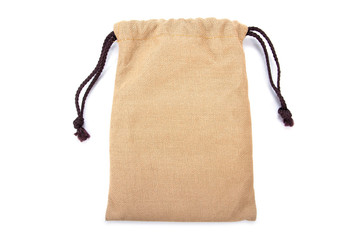 Brown sack drawstring bag packaging isolated on white background.Drawstring bag isolated