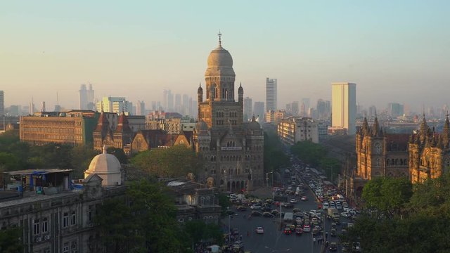 footage of Municipal headquarter BMC and Chhatrapati Shivaji Terminus (CSMT) formerly Victoria Terminus in Mumbai, India is a UNESCO World Heritage Site and historic railway station.
