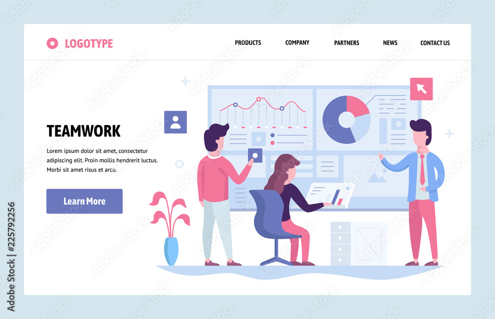 Poster vector web site linear art design template. business team working together with finance dashboard in
