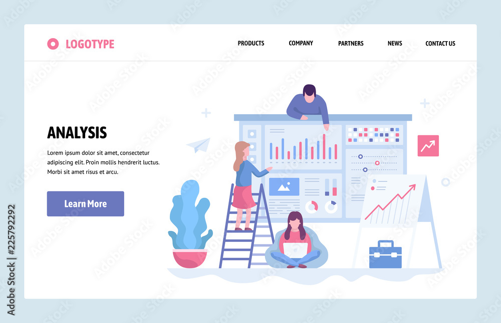  vector web site linear art design template. business team do data analysis using finance chart and d