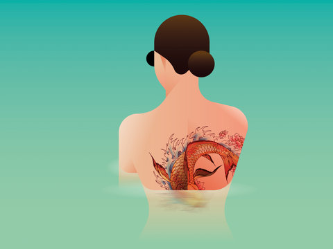 Illustration of woman with tattoo on her back standing in water