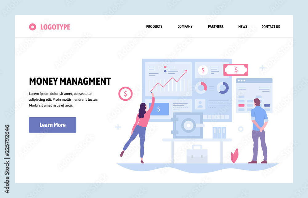 Poster vector web site linear art design template. finance charts and diagrams. landing page money manageme