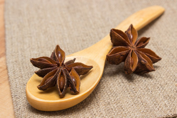 Star anise with wooden spoon, seasoning for cooking