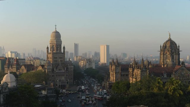 Time lapse footage of Municipal headquarter BMC and Chhatrapati Shivaji Terminus (CSMT) formerly Victoria Terminus in Mumbai, India is a UNESCO World Heritage Site and historic railway station.	