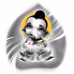 Hand drawn illustration art of baby Ganesha elephant sitting on lotus flower symbol of gods religion hinduism on a white background, Ganesha tattoo design.