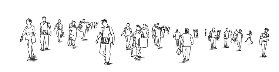 crowd of people walking ink sketch isolated on white background urban sketching panorama view