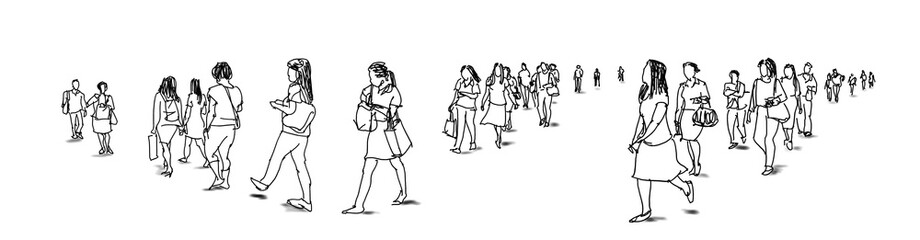 crowd of people walking ink sketch isolated on white background urban sketching panorama view
