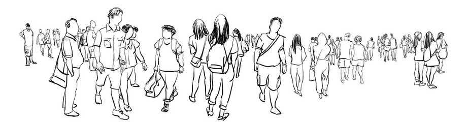 crowd of people walking ink sketch isolated on white background urban sketching panorama view