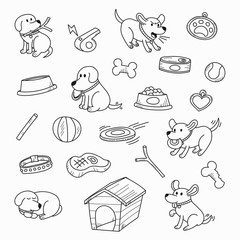 Cute cartoon dogs in lovely actions and playing with toys hand drawn style for coloring book page and design element. Dogs pattern and background. Vector illustration. 