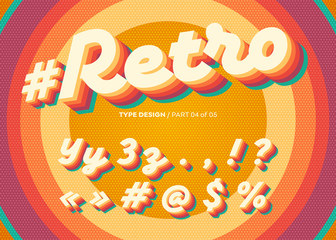 Vector Retro Alphabet Design. Vintage 3D Typeface with Colorful Rainbow Layers. Decorative Letters in 70s Style. Funky Typeset for Poster or Banner. Trendy Classic Cursive on Retro Circle Background.