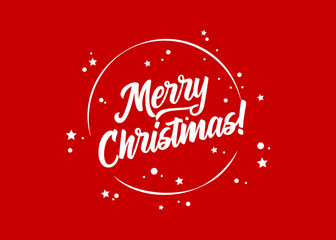 Merry Christmas! Vector Holiday Template. Festive Red Background. Calligraphy Greeting Card. Text with White Rounded Frame for Xmas Banner, Postcard, Event Invitation, Poster. Hand Drawn Lettering.