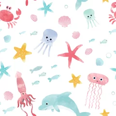 Behang Aquarel zeeleven vector patroon © zenina