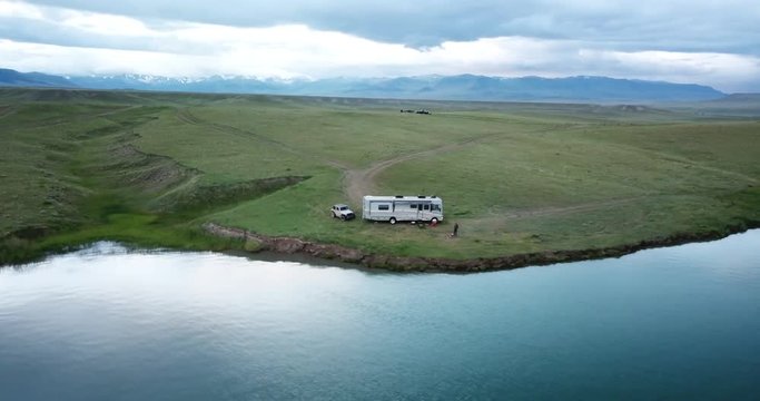 Aerial over lake reservoir remote boondock camping - Wyoming near Yellowstone National Park