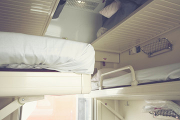 View of the empty seats in the lower second-class compartment wagon train