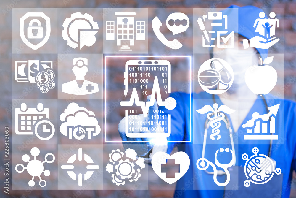Poster physician push a smartphone and heartbeat graph button on a virtual windows screen. mobile applicati