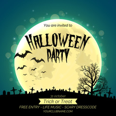 Halloween party invitation poster template with dark forest, graveyard and place for text