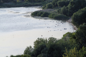 river beach, people bathe, landscape