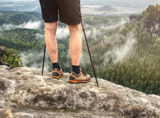 Nordic walking sticks and naked legs in sport shorts.