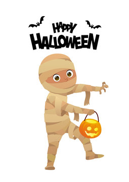 Boy in Halloween mummy costume cartoon vector character for party