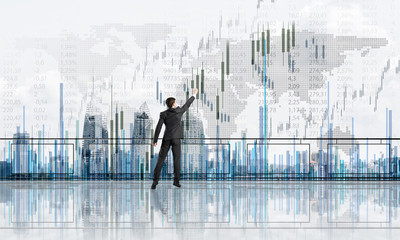 Rear view of businessman drawing social connection and networking concept