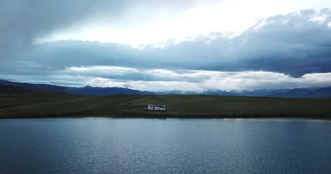 Aerial over lake reservoir remote boondock camping - Wyoming near Yellowstone National Park