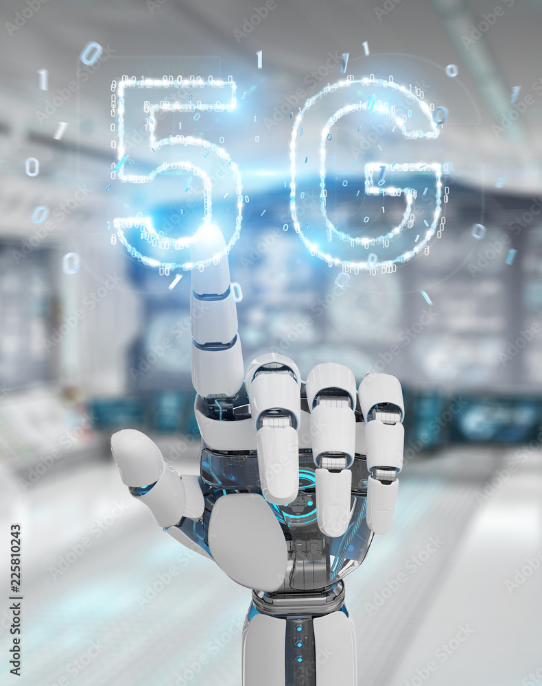Poster white cyborg hand using 5g network digital hologram 3d rendering