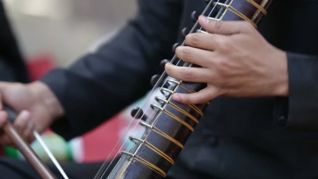 musician playing sarangi in indian wedding.