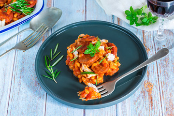 Chorizo, chicken and rosemary pearl barley risotto - top view
