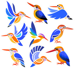 Set of Stylized Birds - African Dwarf Kingfisher in different styles - obrazy, fototapety, plakaty