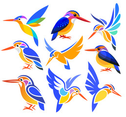 Set of Stylized Birds - African Pygmy Kingfisher in different styles - obrazy, fototapety, plakaty