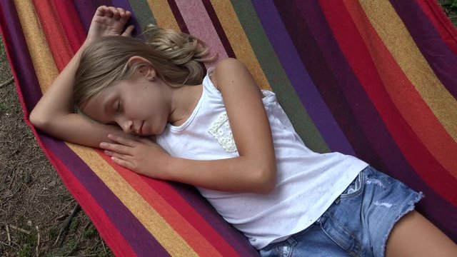 Child Sleeping in Hammock in Camping, Kid Relaxing in Forest, Girl in Mountains