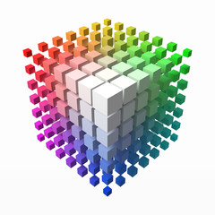 Naklejka premium small cubes makes color gradient in shape of big cube. smaller cubes on corners. 3d style vector illustration.