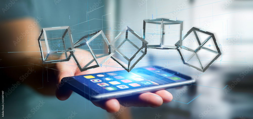 Poster man holding a 3d rendering blockchain cube isolated on a background