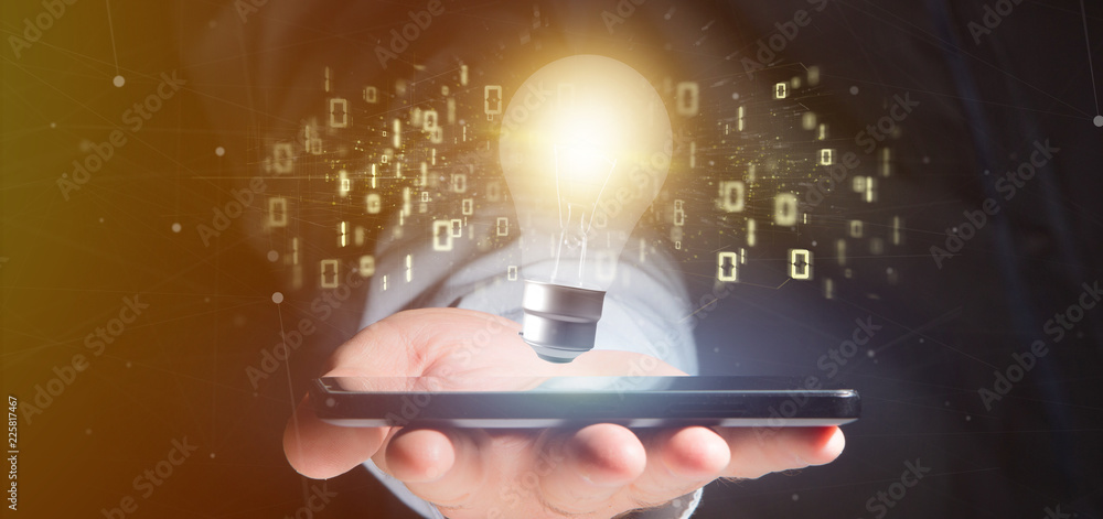 Poster businessman holding a bulb lamp idea concept with data all around 3d rendering