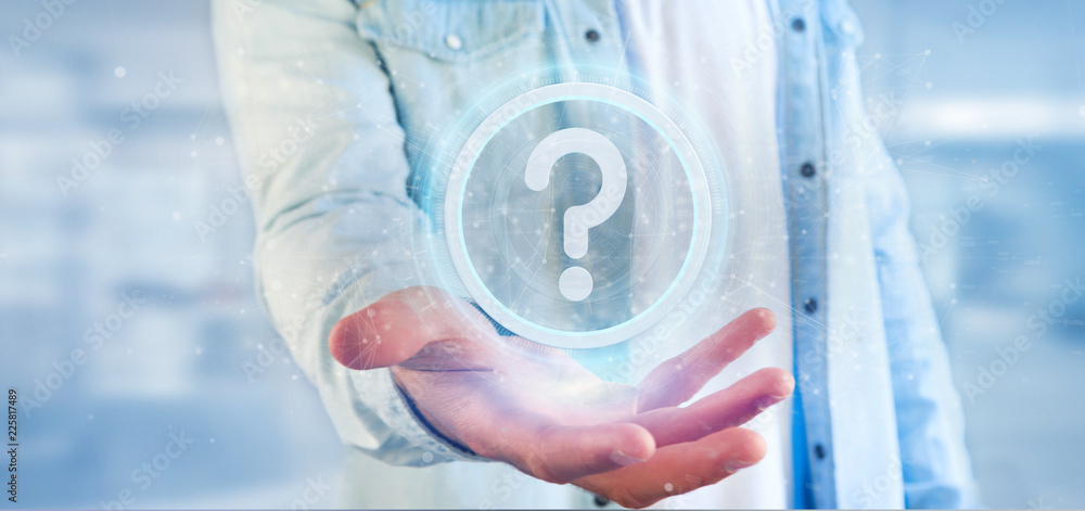 Poster man holding a technology question mark icon on a circle 3d rendering