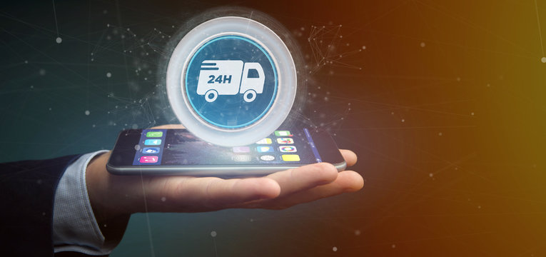 Businessman holding a Fast delivery button with connection 3d rendering